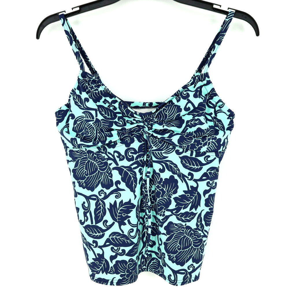 Lands End Swim Top Womens 8 Blue Green Floral Tankini Underwire Built in Bra